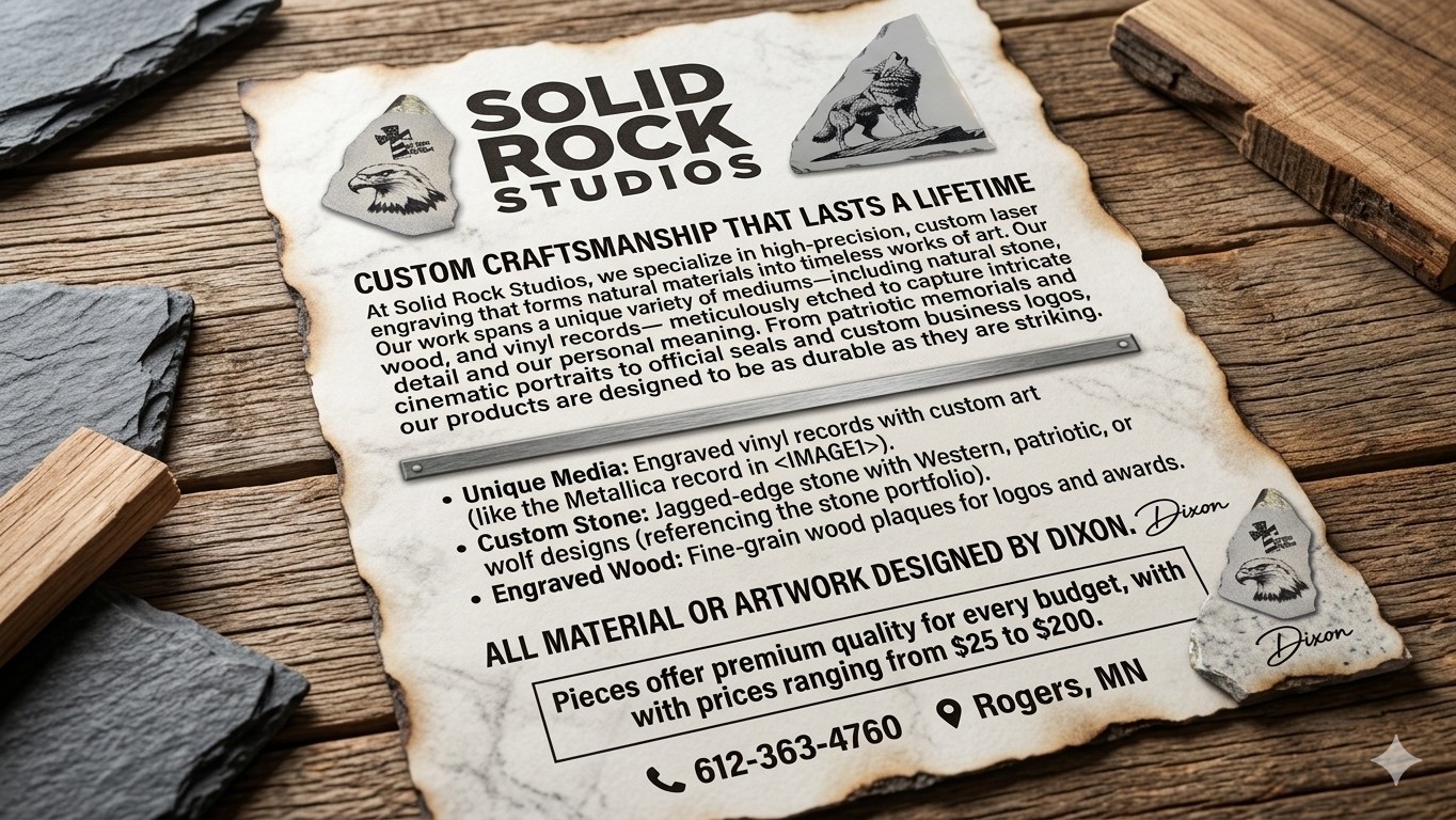 About Solid Rock Studios — Custom craftsmanship that lasts a lifetime. High-precision custom laser engraving that transforms natural materials into timeless works of art. Work spans natural stone, wood, and vinyl records. Unique media: engraved vinyl records with custom art. Custom stone: jagged-edge stone with Western, patriotic, and wolf designs. Engraved wood: fine-grain wood plaques for logos and awards. All material and artwork designed by Dixon. Pricing $25 to $200. 612-363-4760, Rogers, MN.