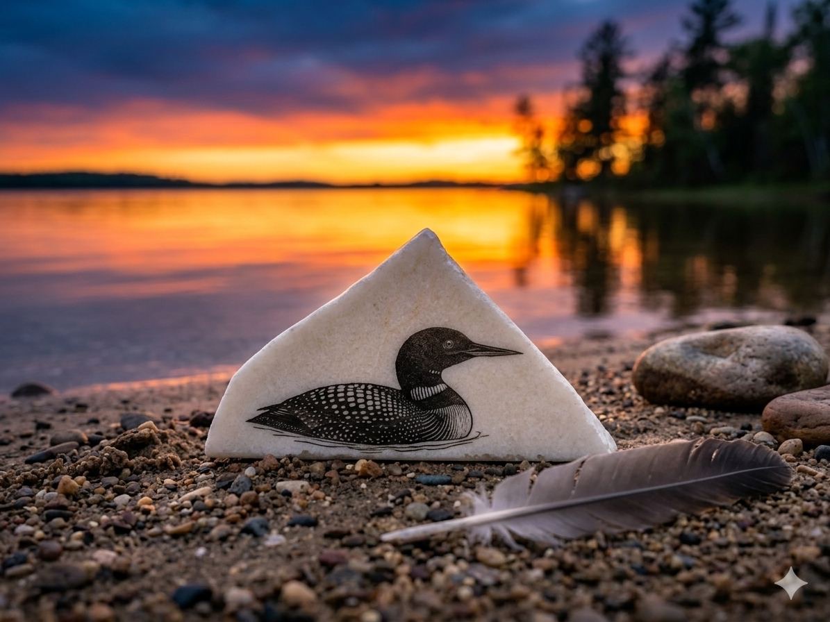 Loon engraved on stone at sunset beach