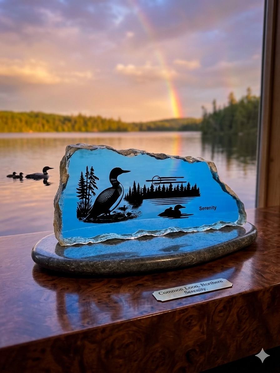 Loon engraved on stone with rainbow over lake