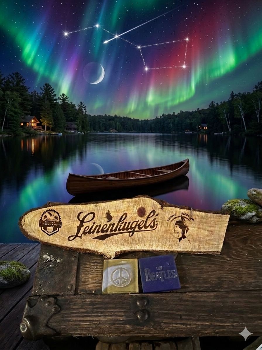 Northern Lights cabin scene with Leinenkugel's wood carving