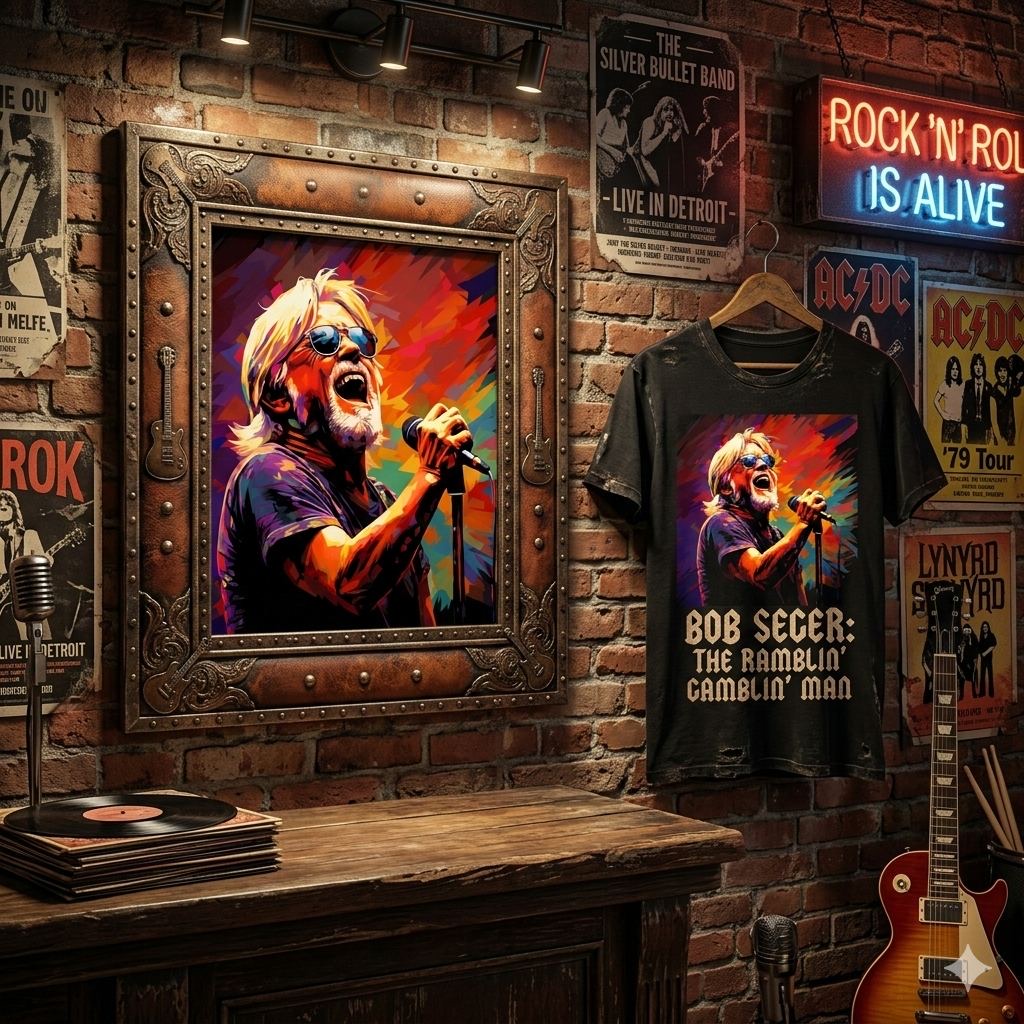 Bob Seger portrait and AC/DC shirt